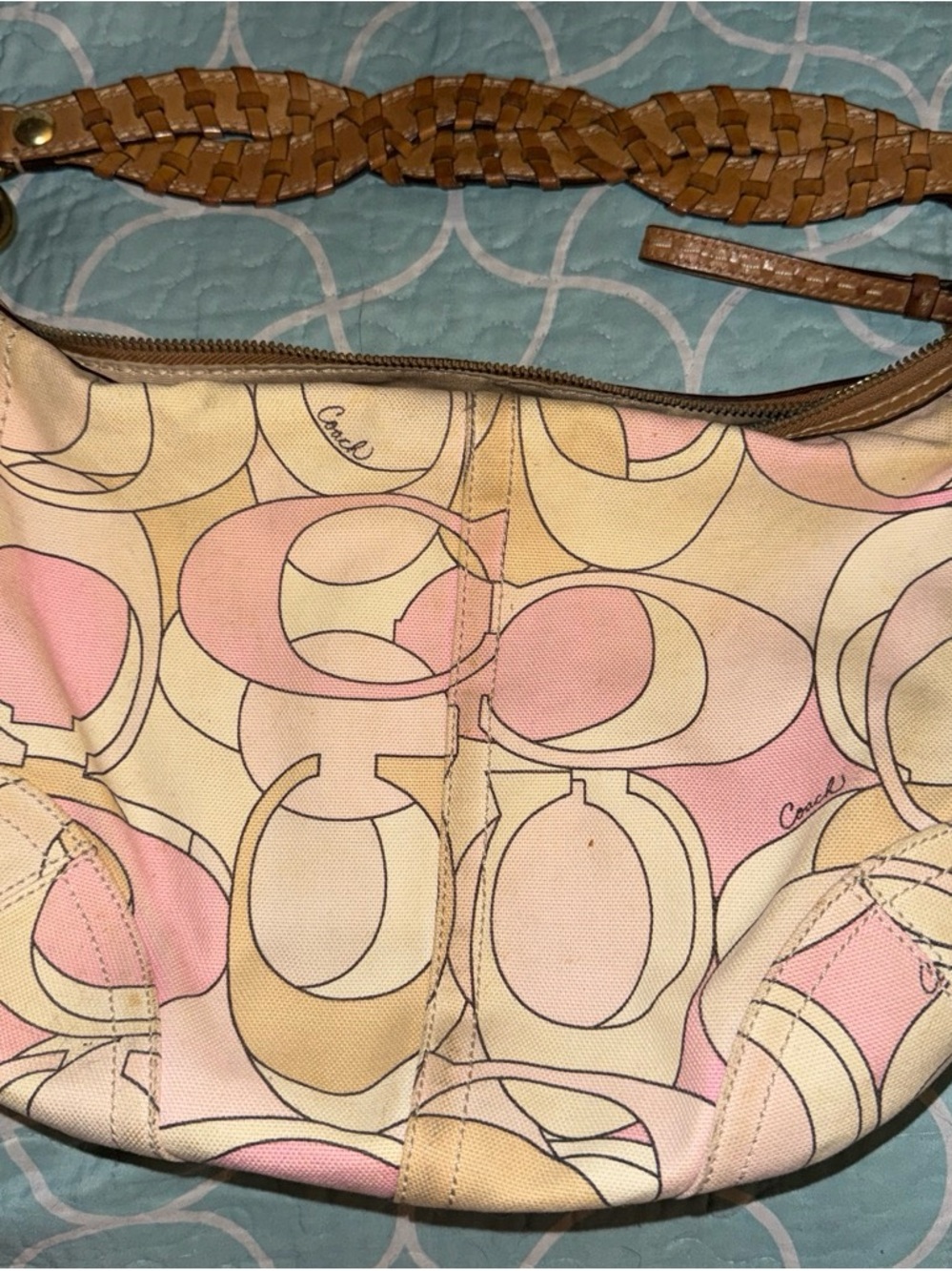 Coach Pink and Cream Signature 'C' Shoulder Bag with Braided Tan Strap